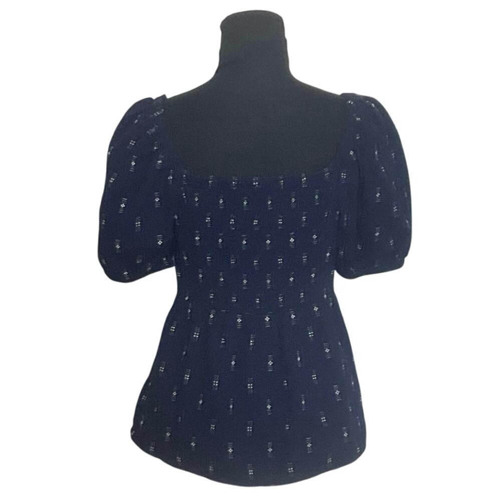Madewell Navy Embroidered Puff Sleeve Peplum Top Small 100% Cotton - Picture 4 of 9